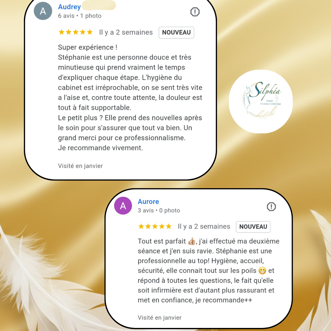 Avis client(e)s google Avis de clients sur épilation laser silphéa, avec des commentaires positifs sur leurs expériences.